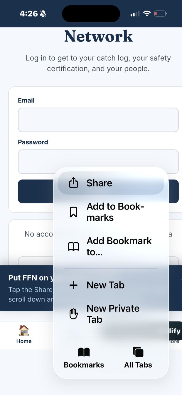 The Safari menu with Share at the top of the list.