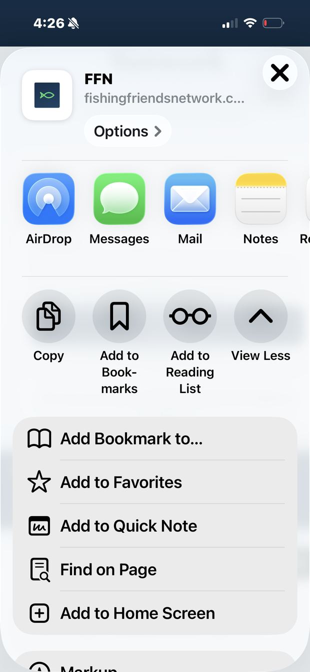 Add to Home Screen showing in the expanded share list.