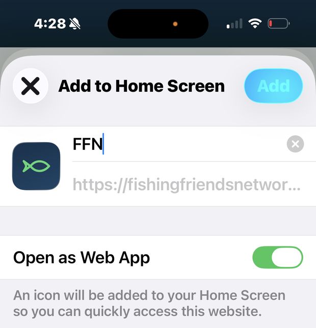 The Add to Home Screen panel, with the name FFN and the Open as Web App switch turned on.
