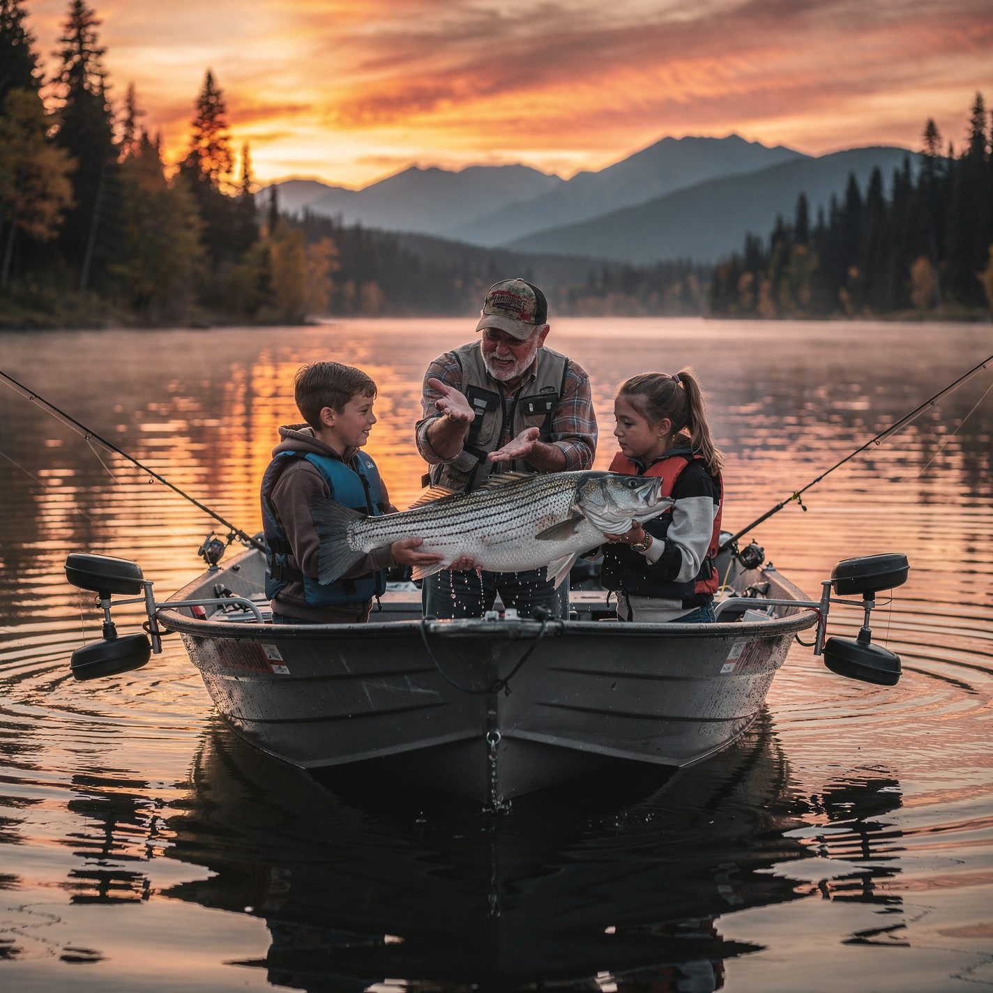 A mentor showing two kids a big catch from a boat at sunset