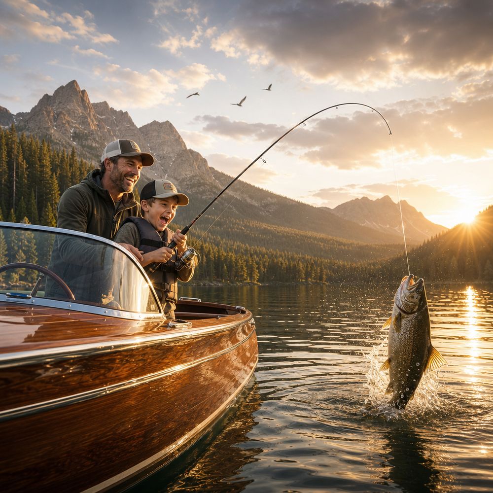 A father teaching his son to fish from a boat at sunrise