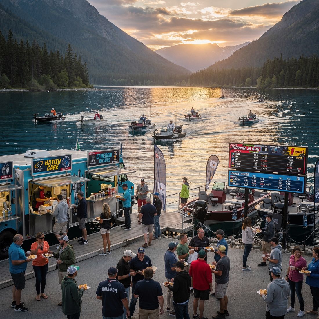 Anglers gathered at a lakeside tournament weigh-in at sunset